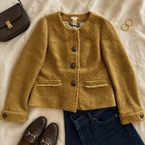 Vintage J.Crew Golden Yellow Tweed Lady Blazer, Bouclé Fringe Collarless Jacket